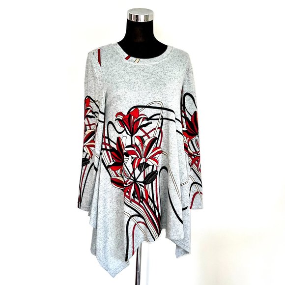 NWT Orange Fashion Village Gray Asymmetric Flower Sweater Dress Tunic S/M - Picture 2 of 9